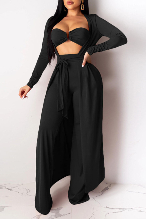 Black Sexy Solid Split Joint Strapless Long Sleeve Three Pieces