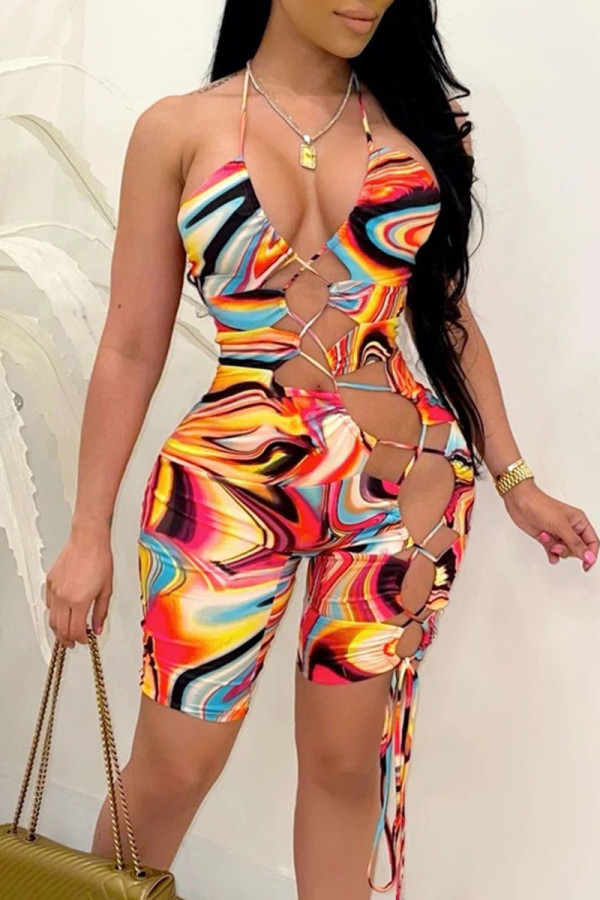 Red Sexy Print Hollowed Out Split Joint Frenulum Backless Halter Skinny Jumpsuits