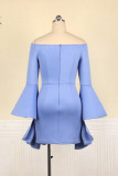 Sky Blue Fashion Sexy Solid Flounce Off the Shoulder Long Sleeve Dresses
