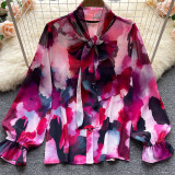 Purple Sexy Print Bandage Patchwork Buckle O Neck Tops