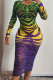 Green Yellow Fashion Sexy Print Patchwork O Neck One Step Skirt Dresses