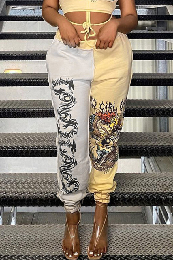 Yellow Fashion Street Print Patchwork High Waist Harlan Bottoms