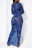 Blue Sexy Print High Opening O Neck Pencil Skirt Dresses
