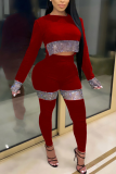 Red Casual Hot Drilling Patchwork O Neck Long Sleeve Two Pieces