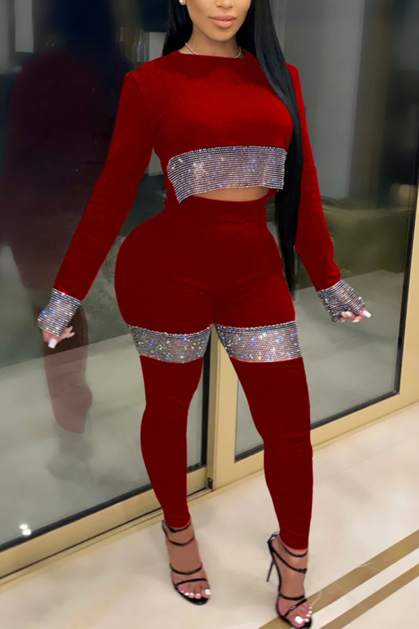 Red Casual Hot Drilling Patchwork O Neck Long Sleeve Two Pieces