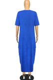 Blue Casual Print Split Joint O Neck Irregular Dress Dresses