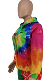 Multi-color Casual Print Tie Dye Patchwork Hooded Collar Tops