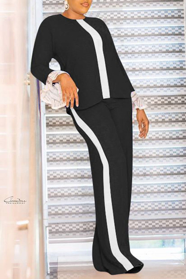 Black Fashion Casual Solid Patchwork O Neck Long Sleeve Two Pieces