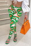 Green Fashion Street Print Mid Waist Pencil Bottoms