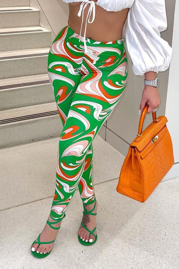 Green Fashion Street Print Mid Waist Pencil Bottoms