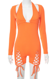 Orange Sexy Print Split Joint Halter Skinny Jumpsuits