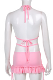 Pink Sexy Print Hollowed Out Flounce Halter Sleeveless Two Pieces