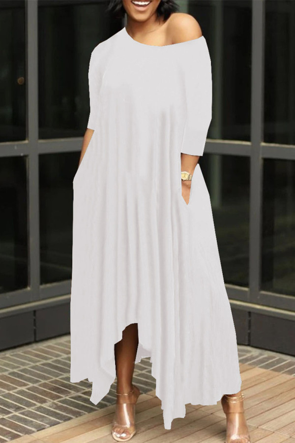 White Casual Solid Split Joint Asymmetrical O Neck Irregular Dress Dresses