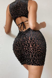 Khaki Fashion Sexy Print Leopard Bandage Hollowed Out O Neck Sleeveless Dress