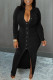 Black Casual Solid Patchwork Buckle Fold Turndown Collar Pencil Skirt Dresses