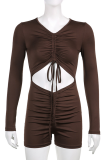 Brown Sexy Solid Patchwork V Neck Skinny Rompers