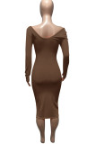 Coffee Casual Solid Patchwork V Neck Pencil Skirt Dresses