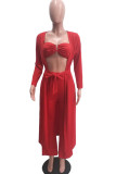 Red Sexy Solid Split Joint Strapless Long Sleeve Three Pieces