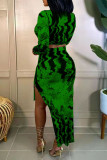 Purple Fashion Sexy Print Slit O Neck Long Sleeve Two Pieces