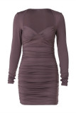 Purple Fashion Sexy Solid Fold V Neck Long Sleeve Dresses
