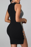 Black Sexy Patchwork Hollowed Out Mesh O Neck Pencil Skirt Dresses