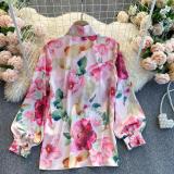Pink Sweet Print Bandage Patchwork Buckle O Neck Tops