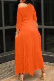 Tangerine Red Casual Solid Split Joint Asymmetrical O Neck Irregular Dress Dresses