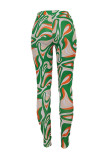 Green Fashion Street Print Mid Waist Pencil Bottoms