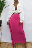 Burgundy Fashion Casual Solid Tassel Regular High Waist Skirt