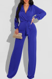 Blue Fashion Casual Solid Frenulum V Neck Regular Jumpsuits