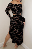 Black Sexy Print Patchwork Draw String Fold V Neck Long Sleeve Two Pieces