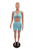 Blue Sexy Solid Hollowed Out V Neck Skinny Rompers