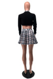 Black Fashion Casual Plaid Print Patchwork Zipper Collar Long Sleeve Two Pieces