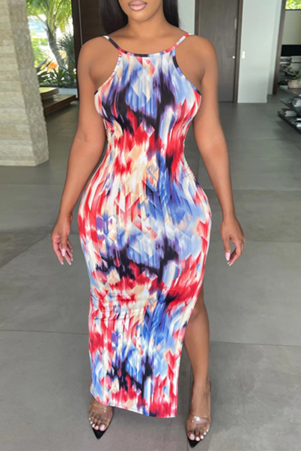 Colour Sexy Patchwork Tie-dye Halter Pencil Skirt Dresses