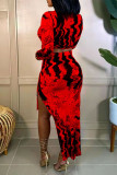 Purple Fashion Sexy Print Slit O Neck Long Sleeve Two Pieces