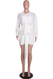 White Casual Solid Pocket With Belt Turndown Collar A Line Dresses