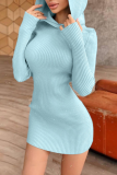 Blue Sexy Solid Patchwork Hooded Collar Pencil Skirt Dresses