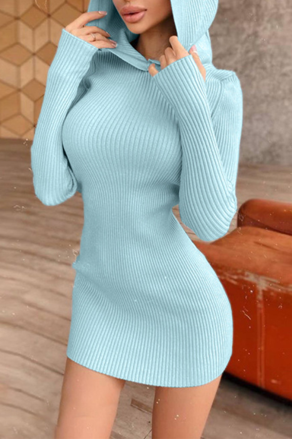 Blue Sexy Solid Patchwork Hooded Collar Pencil Skirt Dresses
