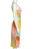 Colour Fashion Sexy Print Backless V Neck Sling Dress