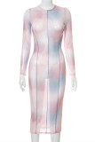 Multicolor Fashion Sexy Print See-through O Neck Long Sleeve Dresses