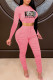 Pink Fashion Sexy Print Patchwork O Neck Long Sleeve Two Pieces