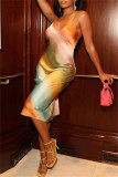 Colour Fashion Sexy Print Backless V Neck Sling Dress