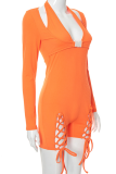Orange Sexy Print Split Joint Halter Skinny Jumpsuits
