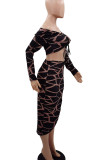 Black Sexy Print Patchwork Draw String Fold V Neck Long Sleeve Two Pieces