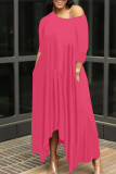 Rose Red Casual Solid Patchwork Asymmetrical O Neck Irregular Dress Dresses