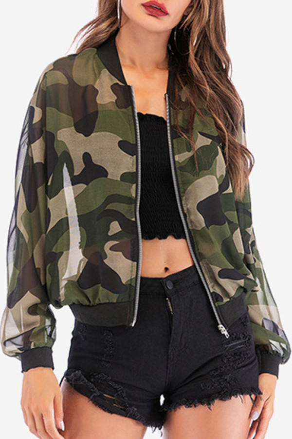 Camouflage Fashion Camouflage Print See-through Outerwear