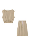 Beige Fashion Casual Solid Slit O Neck Sleeveless Two Pieces