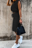 Beige Fashion Casual Solid Slit O Neck Sleeveless Two Pieces