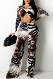 Tiger Pattern Sexy Casual Print Hollowed Out V Neck Long Sleeve Two Pieces