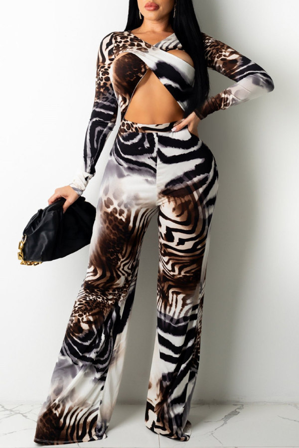 Tiger Pattern Sexy Casual Print Hollowed Out V Neck Long Sleeve Two Pieces